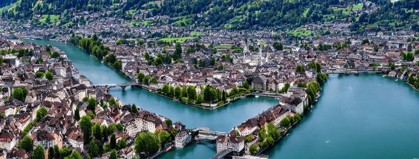 Prompt: Photo of Zurich, looking down the Limmat at the lake and the alps, Hardturm, Grossmünster, Lindenhof, Üetliberg, wide angle, volumetric light, hyperdetailed, light blue water, artstation, cgsociety, 8k