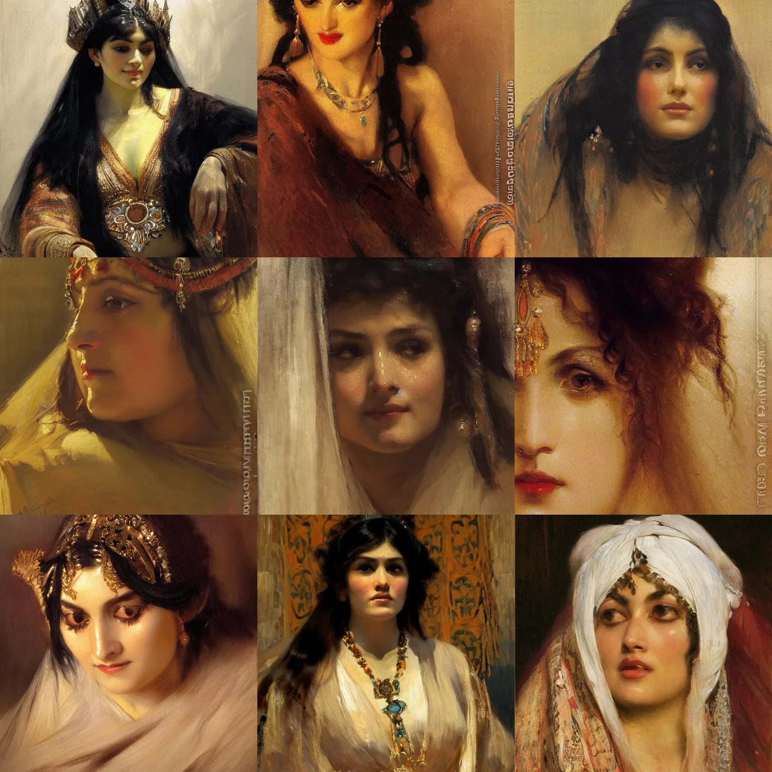 Prompt: orientalism face detail of a beautiful woman priestess bangs and thick dark curls hair and ties and eyelashes by theodore ralli and nasreddine dinet and anders zorn and nikolay makovsky and edwin longsden long, oil on canvas, masterful intricate artwork, excellent lighting, high detail 8 k