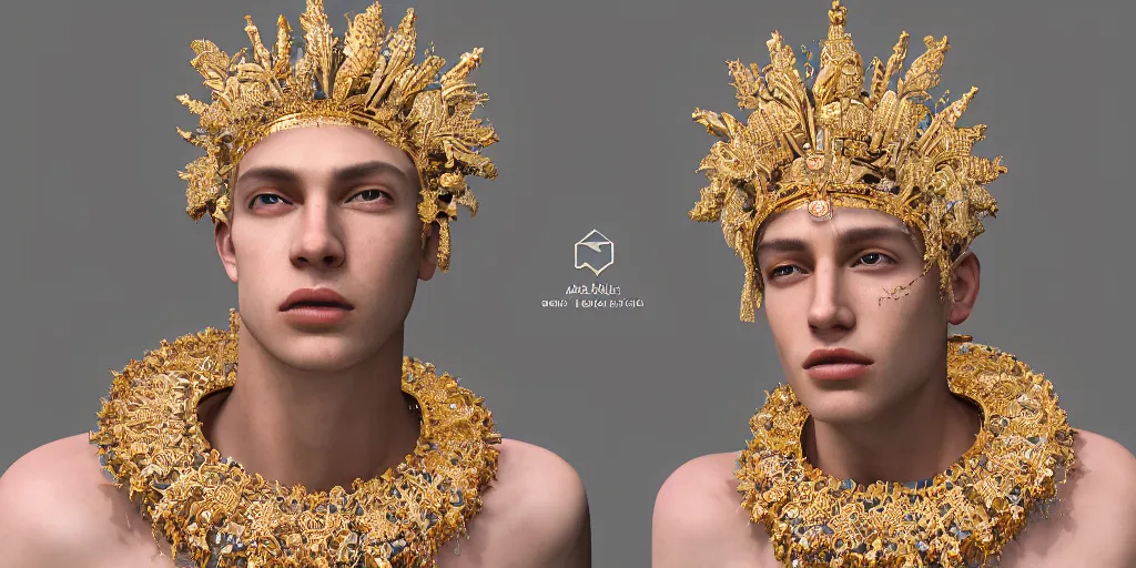 Image similar to studio portrait of a beautiful flawless symmetrical man wearing intricate otherworldly gold and white jewelry and wearing an ornate elegant pink headdress, very detailed, octane render, photorealism, minimalism, abstract art, retrofuturism, f / 2. 8, digital art, on artstation