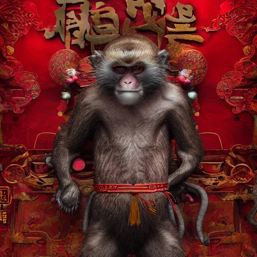 Image similar to The Chinese Zodiac sign of monkey warrior, traditional Chinese textures, hyper detail, Unreal engine,Octane render, by Brooke Shaden