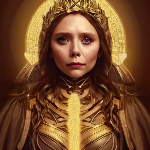 Prompt: elizabeth olsen as the goddess of preservation!!!!!!, golden ratio!!!!!, centered, trending on artstation, 8 k quality, cgsociety contest winner, artstation hd, artstation hq, luminous lighting