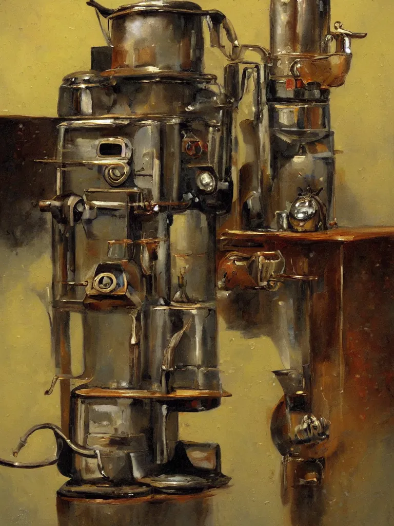 Prompt: oil painting of an ancient coffee machine, by Simon Stalenhaag, by Yoshita Amano, by Esao Andrews, sharp focus, fresh colors, conceptart, trending on artstation