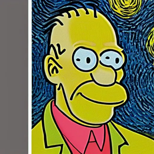 Image similar to portrait of homer simpson, mash - up between mc escher and vincent van gogh