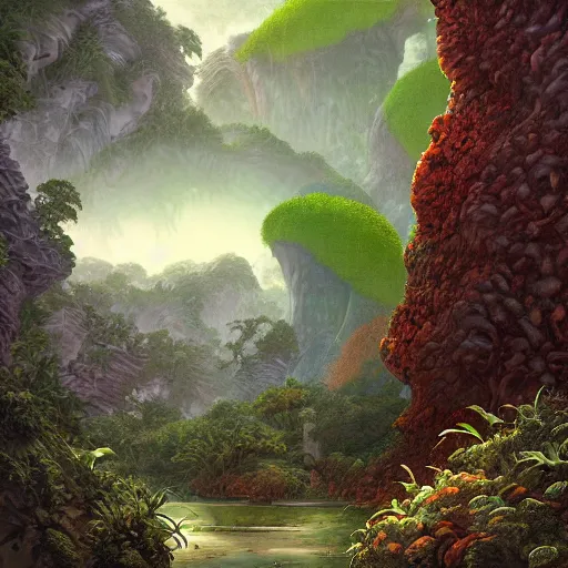 Image similar to digital painting of a lush natural scene on an alien planet by gerald brom. ultra sharp high quality digital render. detailed. beautiful landscape. colourful weird vegetation. cliffs and water.