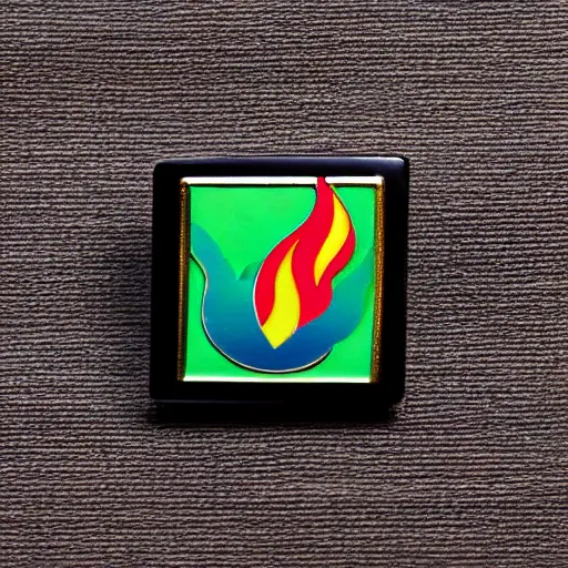 Image similar to a square enamel pin of a fire flames blaze label, smooth curves, behance