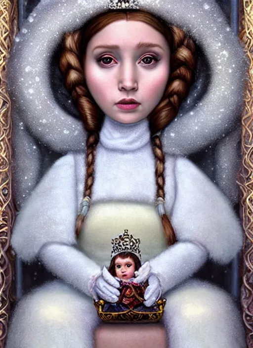 Image similar to highly detailed closeup portrait of a snow, ice princess as princess leia sitting on a throne surrounded by fluffy bears, nicoletta ceccoli, mark ryden, lostfish, earl nore, global illumination, god rays, detailed and intricate environment