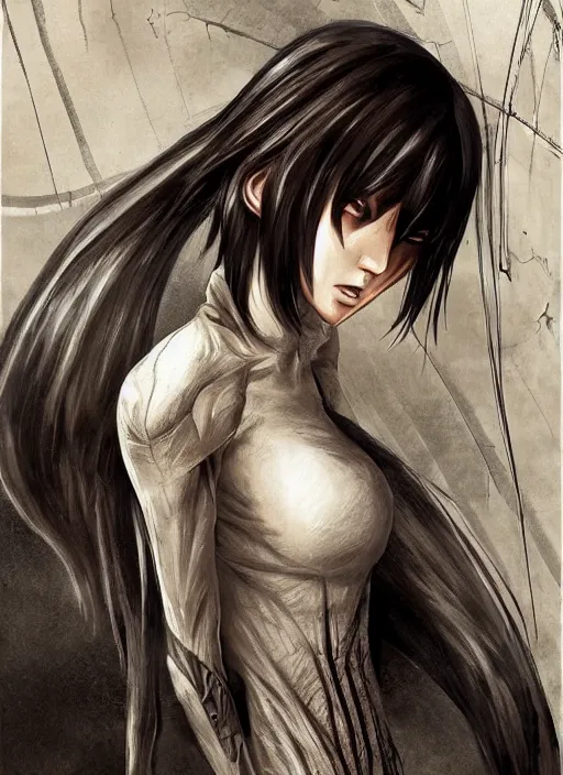 Image similar to Mikasa Ackerman, concept art, smooth matte, focused, illustration art style by Ian Spriggs and H R Giger