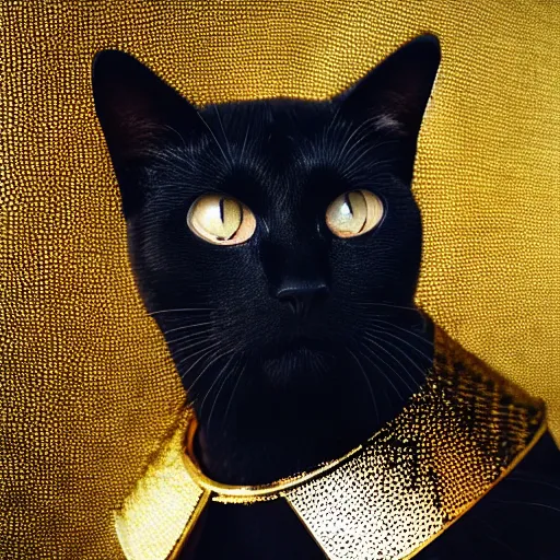 Image similar to portrait. black cat wearing a gold medieval knight armor. particle effects, cinestill, afrofuturism, sci - fi fantasy, 3 d render, stunning, regal