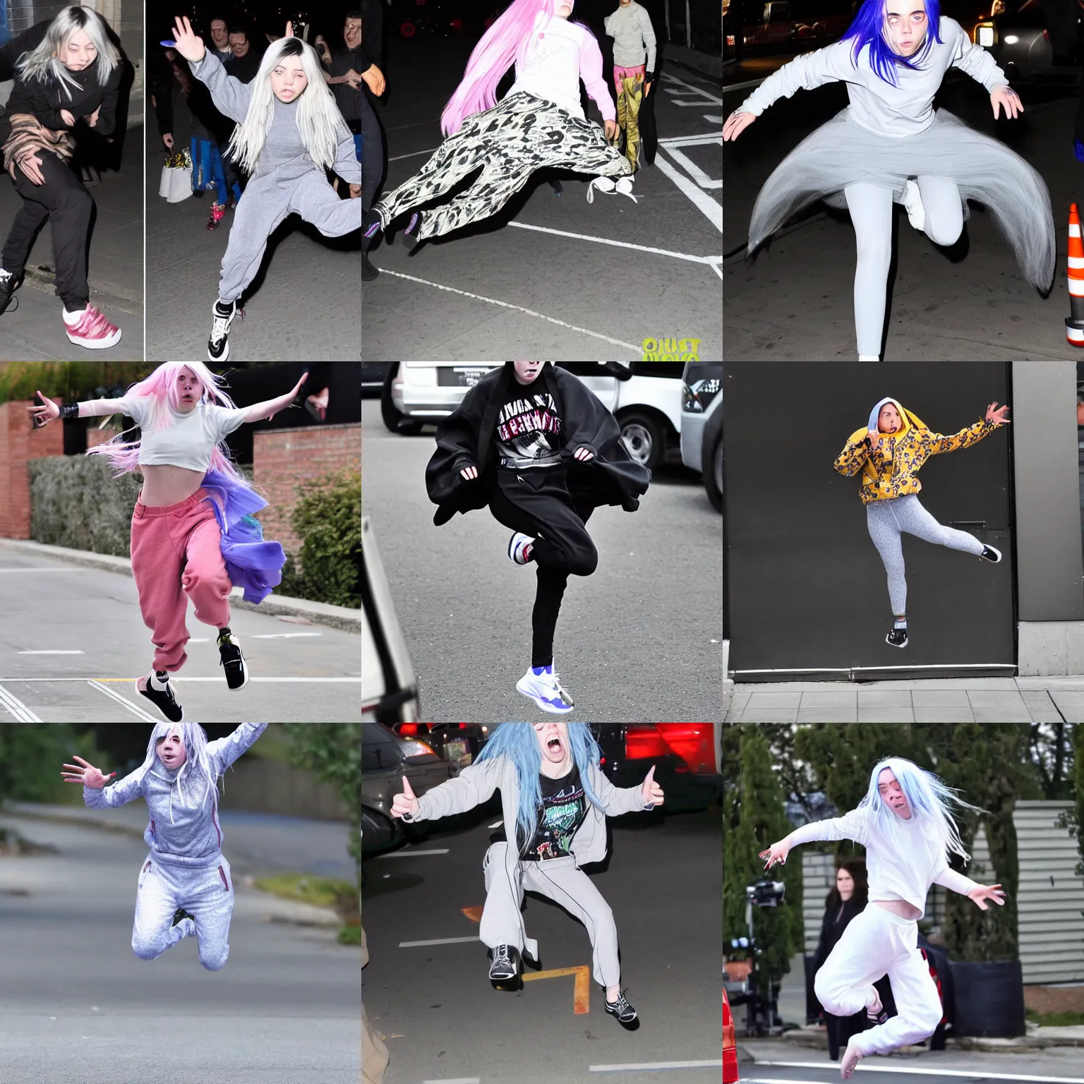 Prompt: paparazzi photo of Billie Eilish jumping for no reason, highly detailed skin