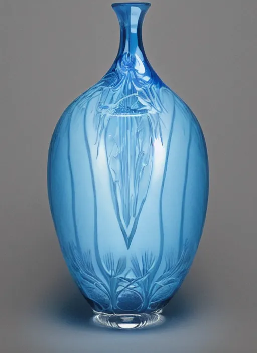 Image similar to Vase in the shape of a mushroom, with blue accents, designed by Rene Lalique