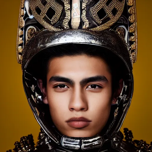 Image similar to a portrait of a beautiful young mexican male wearing an alexander mcqueen armor , photographed by andrew thomas huang, artistic