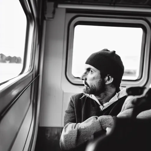 Image similar to a very confused and scared man riding a train for the first time, 8 5 mm shot