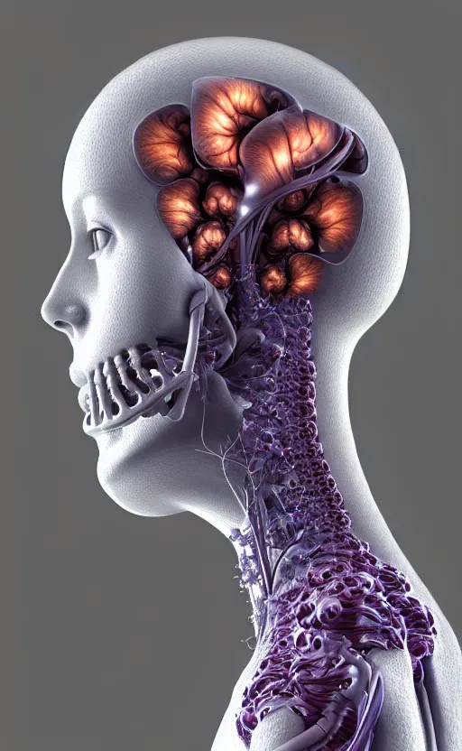 Prompt: 3D render of a beautiful profile face portrait of a female cyborg, 150 mm, flowers, Mandelbrot fractal, anatomical, flesh, facial muscles, wires, microchip, veins, arteries, full frame, elegant, highly detailed, flesh ornate, elegant, high fashion, rim light, octane render in the style of H.R. Giger