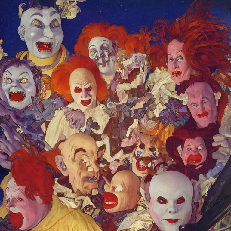 Prompt: Beautiful Studio Portrait of Killer Klowns from Outer Space (1988), oil painting by Alphonse Mucha and Arnold Bocklin, trending on artstation dramatic lighting hyperrealism 8k