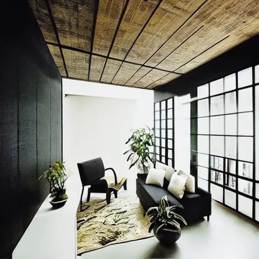 Prompt: “extravagant luxury apartment interior design, by Tadao Ando and Koichi Takada, contemporary art, black walls, potted plants, modern rustic”