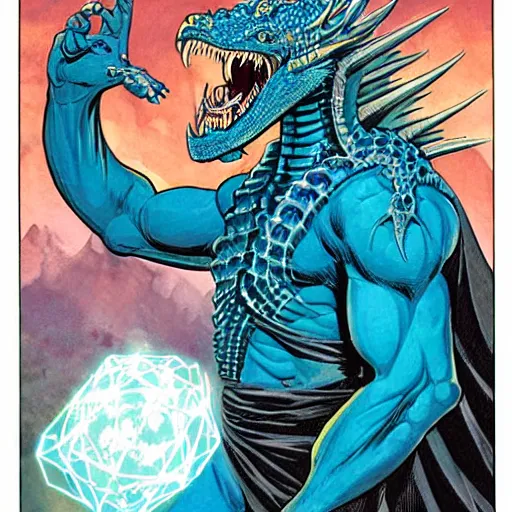 Image similar to head and shoulders portrait of a medieval d & d fantasy anthropomorphic blue dragon - headed - human hybrid with electrcity magic, comic book cover art photo by phil noto, frank miller, hr giger, alex ross, glenn fabry