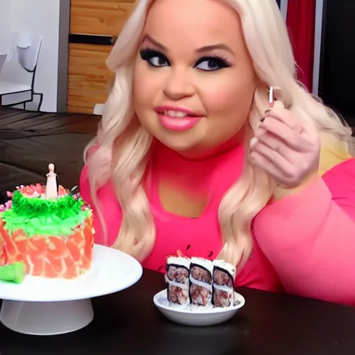 Image similar to trisha paytas eats sushi made out of birthday cake, mukbank, tumbnail