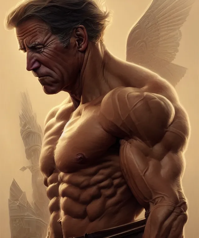 Prompt: muscular, heroic, ruggedly handsome Joe Biden, fantasy, intricate, elegant, highly detailed, digital painting, artstation, concept art, smooth, sharp focus, illustration, art by artgerm and greg rutkowski and alphonse mucha