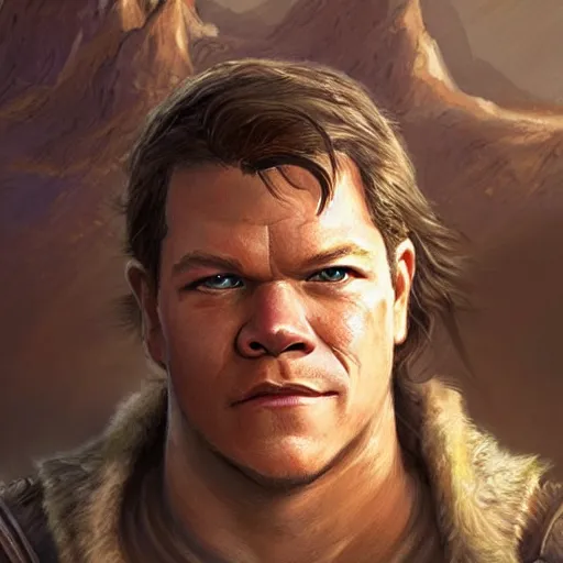 Prompt: dnd character.. human druid. matt damon. mullet. chinstrap patchy beard. plains and horses in the background. brown. beige. holding spear. leather armor. concept portrait. hd. dynamic lighting, fantasy, artwork by artgerm, greg rutknowski