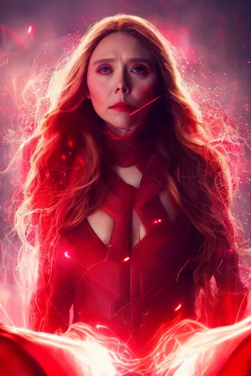 Prompt: movie still of elizabeth olsen as scarlet witch developing a barrier of red energy enveloping her body!!!!!, photorealistic art style, fantasy aesthetic. full - body photography, comprehensive art, thorough details, intricate, artstation, cgsociety contest winner