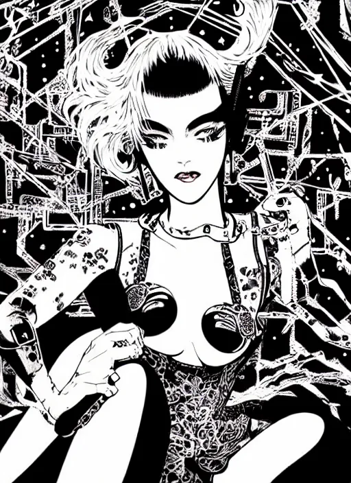 Image similar to lili st. cyr as a cyberpunk dancer, science fiction comic illustration by ken taylor and takato yamamoto, intricate, stunning inking lines, hyper detailed, 4 k, hd, award winning, photorealistic