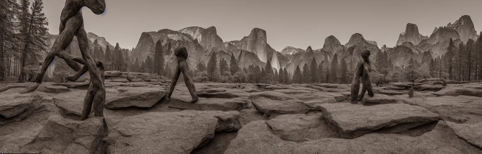 Image similar to to fathom hell or soar angelic, just take a pinch of psychedelic, medium format photograph of two colossal minimalistic necktie sculpture installations by antony gormley and anthony caro in yosemite national park, made from iron, marble, and limestone, granite peaks visible in the background, taken in the night