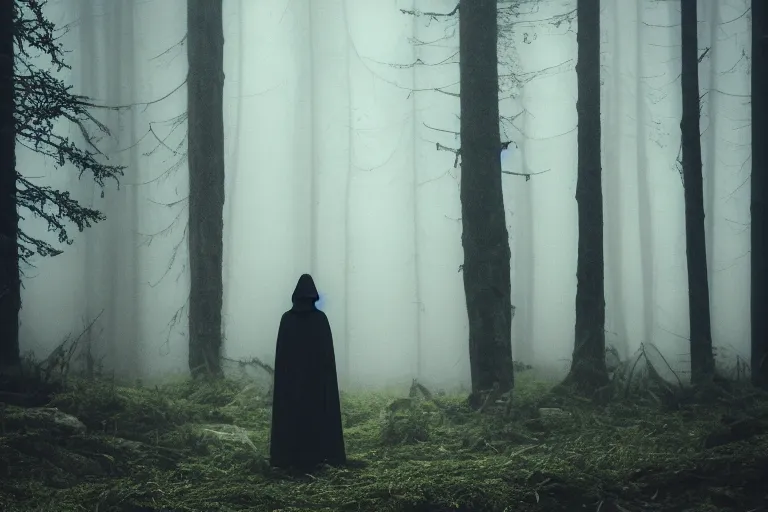 Image similar to a close shot of a grim reaper standing in a forest, detailed, style of flooko, mythical, mist, depressing, tired, dark, lush, nature, mist, mystery, glows, somber, dismal, fog, heavy fog, dark lighting, rim light, glow, ambient light, cybernetic, sci-fi,