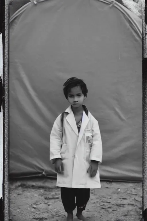 Image similar to photo polaroid of a sad and lonely child in a white coat and barefoot stands in the middle many big tents of field hospitals, pandemic, covid, loneliness, black and white ,photorealistic, 35mm film,