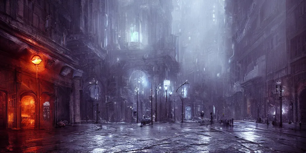 Prompt: a cold and melancholic city in a dark and rainy cavern, fantasy digital art, octane render, beautiful composition, trending on artstation, award - winning photograph, masterpiece