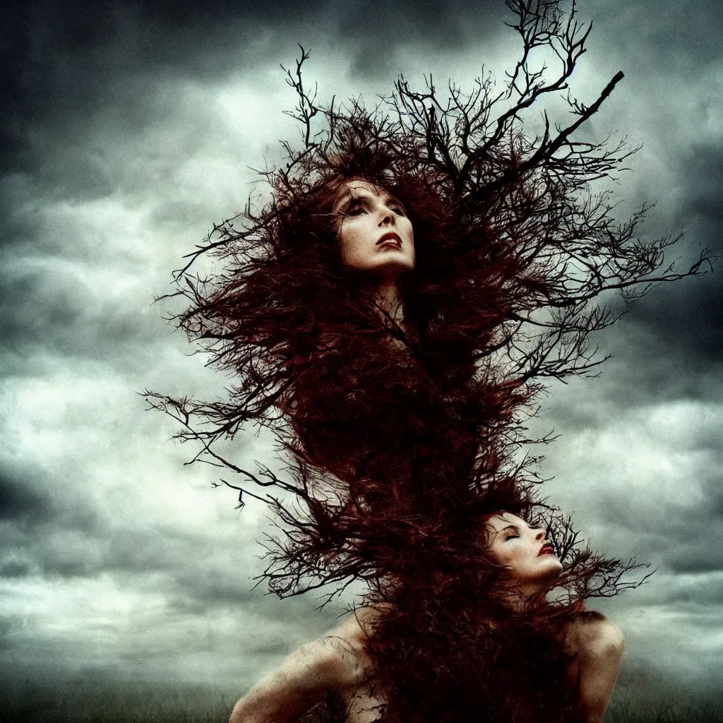 Prompt: cinematic portrait of a forest witch against a stormy sky, rusty tones, highly detailed, rust, artgerm, lillian bassman, hyperreal
