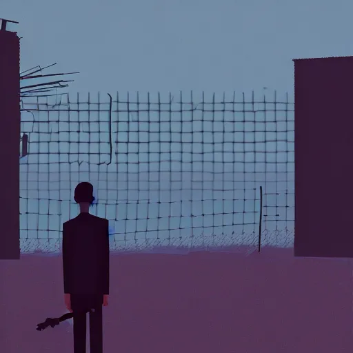 Image similar to a dystopian matte painting of a scared man standing in front of a fence with barbed wire by emiliano ponzi, james gilleard, george ault, david hockney, atey ghailan, albert namatjira, marius borgeaud, minimalist, bauhaus, retrofuturism, concept art, matte background, matte drawing, generative art