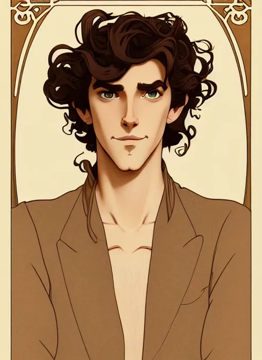 Image similar to art nouveau portrait of a handsome young man with curly medium length very messy light brown hair, brown eyes, aloof, serious expression, t - shirt, natural lighting, path traced, highly detailed, high quality, cartoon, digital painting, by don bluth and ross tran and studio ghibli and alphonse mucha