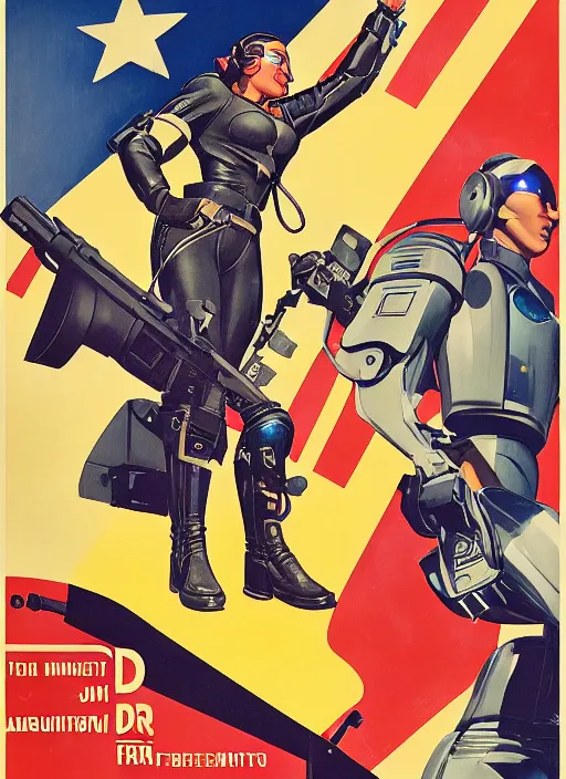 Image similar to american propaganda poster art. powerful cyberpunk pilot. portrait by jean giraud and anton otto fischer and john philip falter and will eisner and gil elvgren and pixar. full body. realistic proportions. science fiction d & d. overwatch, rb 6 s, cyberpunk 2 0 7 7, blade runner 2 0 4 9 concept art. cel shading. thick lines.