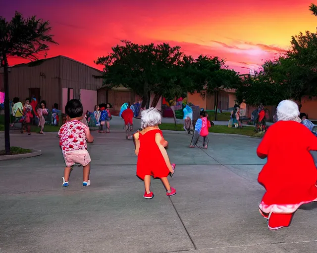 Prompt: Hispanic Granny In A Red MuMu Throwing A Slide Sandal At A Bunch Of Kids Running Away From Her, Anime Style, Manga Style, 8K, HDR, San Antonio Texas Cityscape Sunset, HDR, volumetric lighting, Hyperrealistic-H 960