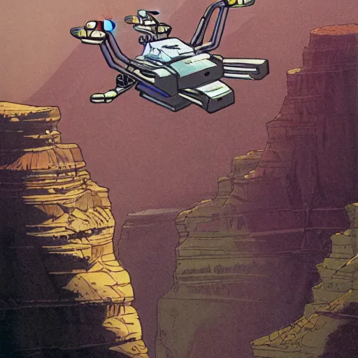 Prompt: a detailed robotic drone flying above the great canyon, light rays, deep detailed rocks, illustration style, by moebius, cartoon style