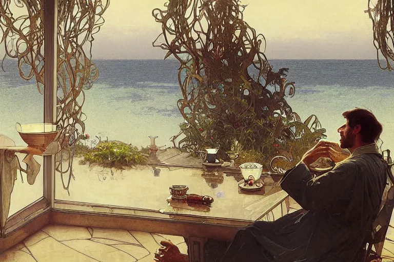 Image similar to a matte painting of a man sitting down and having a cup of tea in his house by the beach, by greg rutkowski, by alphonse mucha, muted colors