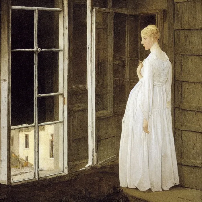 Image similar to painting of a broken window with a beautiful white woman on the outside by caspar david friedrich