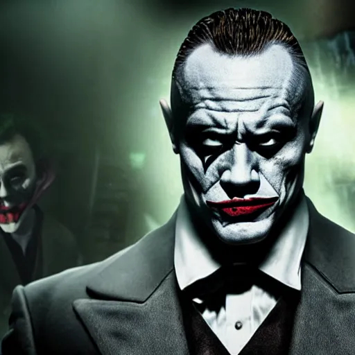 Image similar to the rock as the joker, movie still, d & d, fantasy, volumetric lighting, smooth lines, accurate, detailed