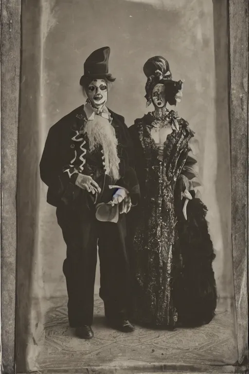 Prompt: a portrait photo of two persons dressed for the carnival of Venice, creepy, edvard munch, wide angle