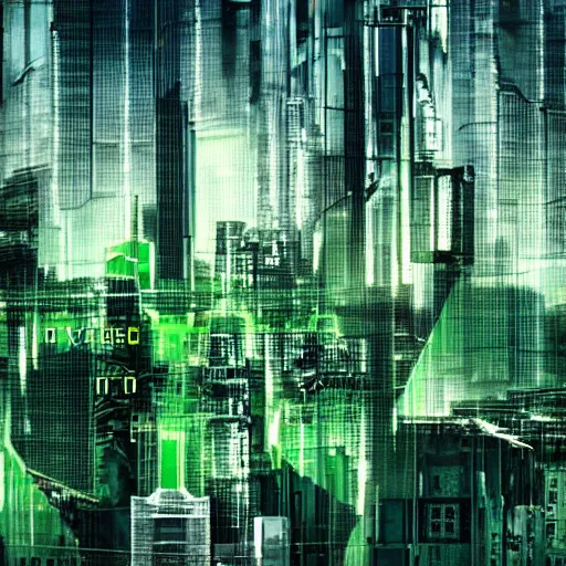 Prompt: a green sludge enveloping a city. Cyberpunk, muted colors, dark, dreary.