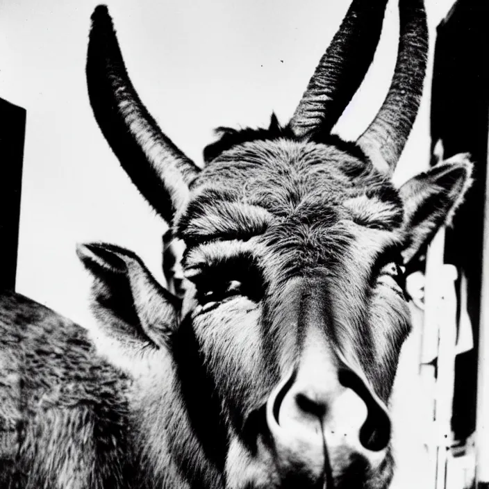 Prompt: 1 9 6 0 s horror movie poster featuring a very evil donkey staring into the camera very detailed 8 k black and white
