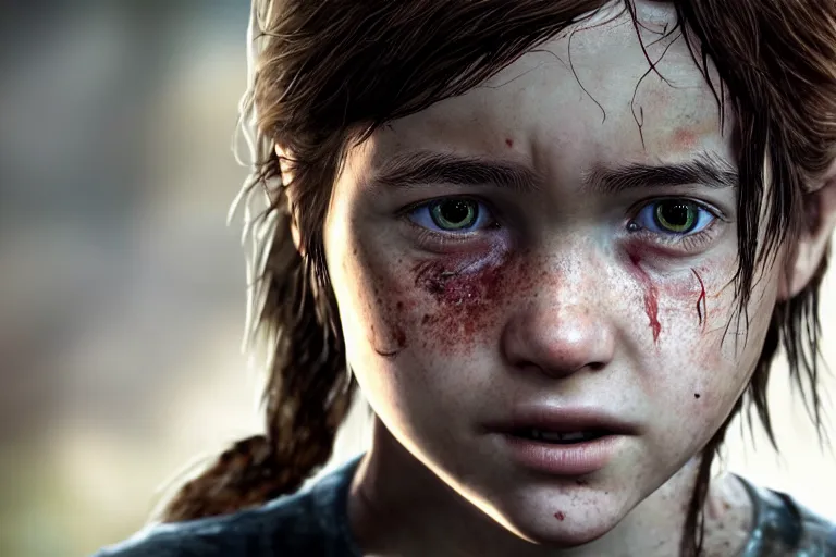 Image similar to an amazing photo, extreme close-up of the face of a young ellie from The last Of Us, award winning photo, very detailed, cinematic, beautiful lighting effects