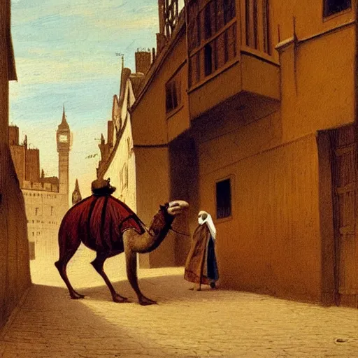 Prompt: London, A painting of a mouse Riding a camel through a narrow street in london, (1885)