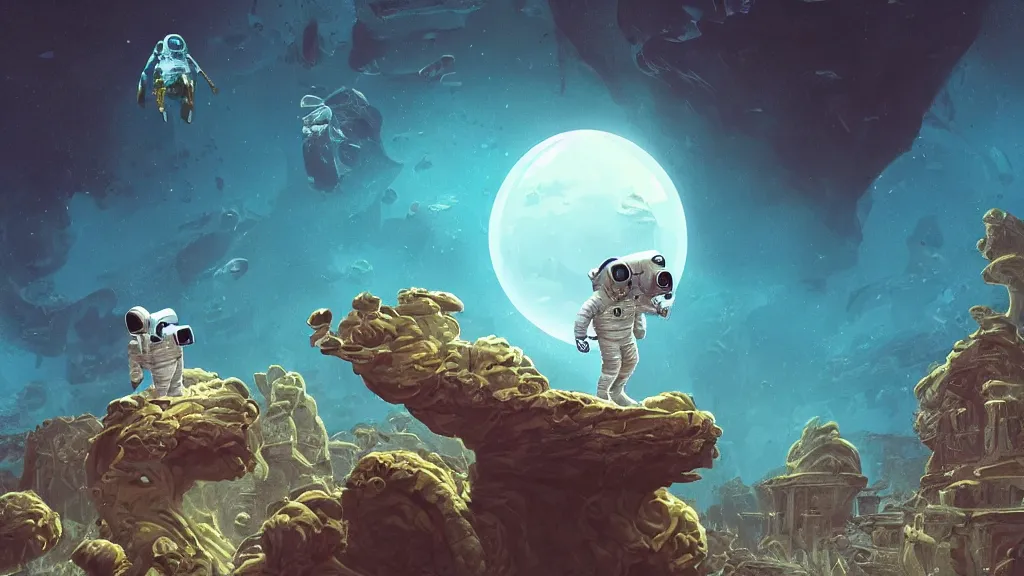 Prompt: An astronaut is under the sea, he has a big egg, he is swimming away from the giant Morgawr that is behind hunting him, the Morgawr is evil, this is an extravagant planet with wacky wildlife and some mythical animals, the background is full of ancient ruins, the ambient is dark with a terrifying atmosphere, by Jordan Grimmer digital art, trending on Artstation,