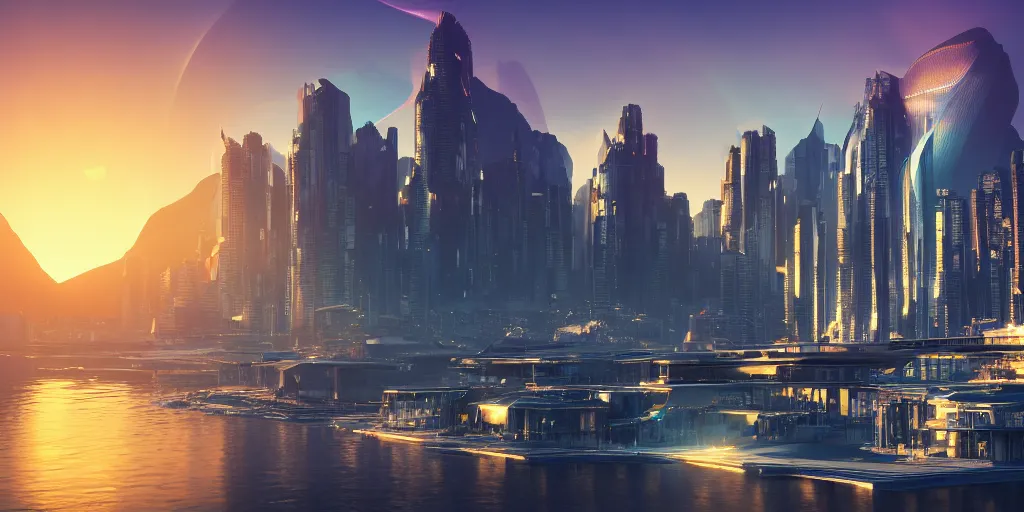 Prompt: futuristic chrome city, sunset glowing off a mountain in background, view from the sea with calm waves, ray tracing, caustics refractive, planet in the sky, award winning, trending on artstation, digital art. highly detailed 8 k. intricate. lifelike. soft light. nikon d 8 5 0.