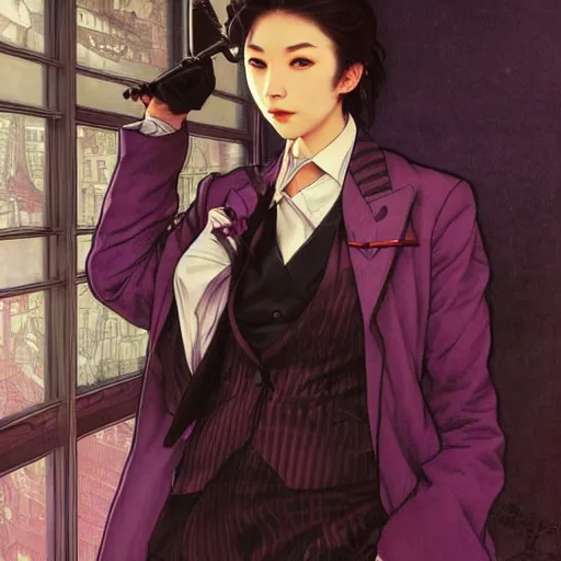 Prompt: kyoko kirigiri, a japanese girl with pale hair and a purple suit jacket, portrait by artgerm, greg rutkowski and alphonse mucha, absolutely gorgeous, detective