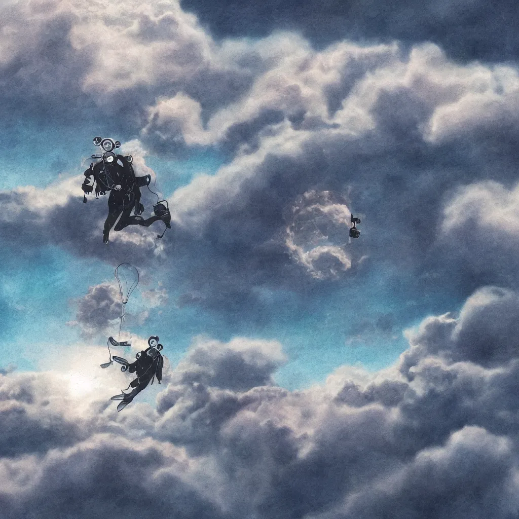 Image similar to a scubadiver floating above the clouds, closeup, digital illustration