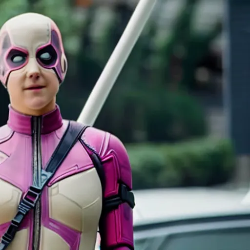 Image similar to A still of Shailene Woodley as Gwenpool in Deadpool 3 (2023)