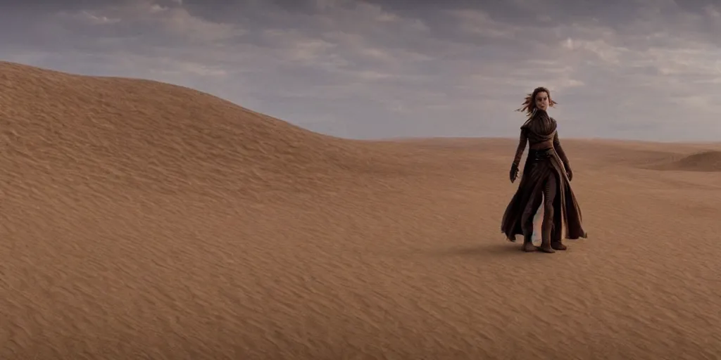 Prompt: Movie Still of Emma Watson in Dune (2021), landscape, endless sea of desert, 4k, cinematic