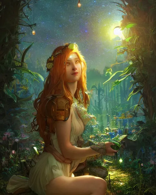 Prompt: girl in solarpunk fantasy village, evening, 4 k, ultra realistic, detailed, epic lighting, starry sky, magical, glowing forest, mushrooms, machines, high detail, masterpiece, trending on artstation by artgerm and akihito tsukushi and alphonse mucha